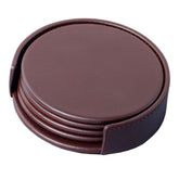 Chocolate Brown Leatherette 4 Round Coaster Set w/ Holder